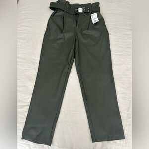 Stradivarius Green Faux Leather High Waist Belted Paper Bag Trousers Size 6 NWT